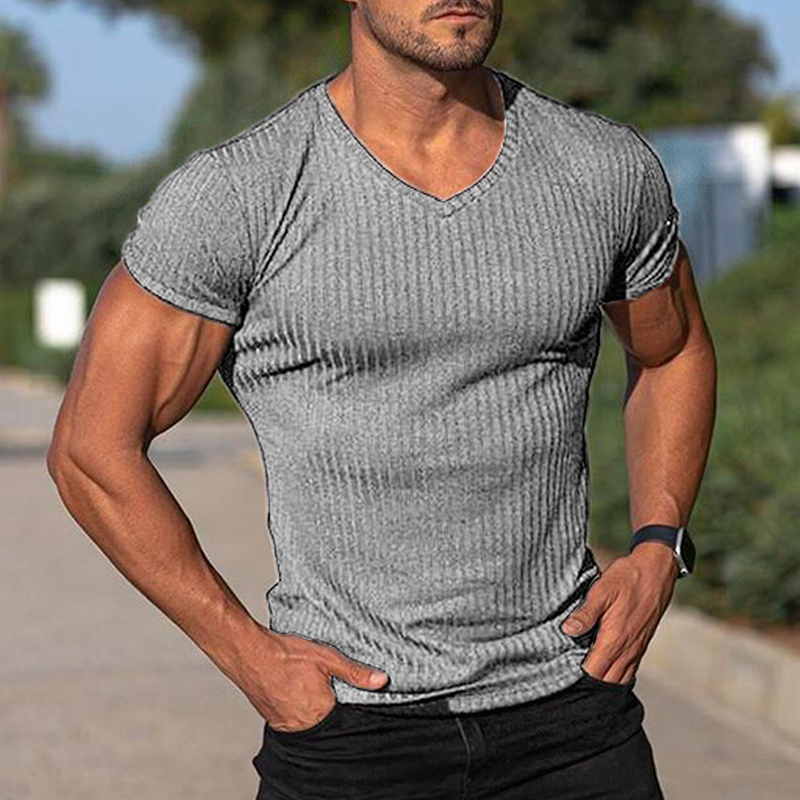 Men's V Neck Short Sleeve Striped T-shirt