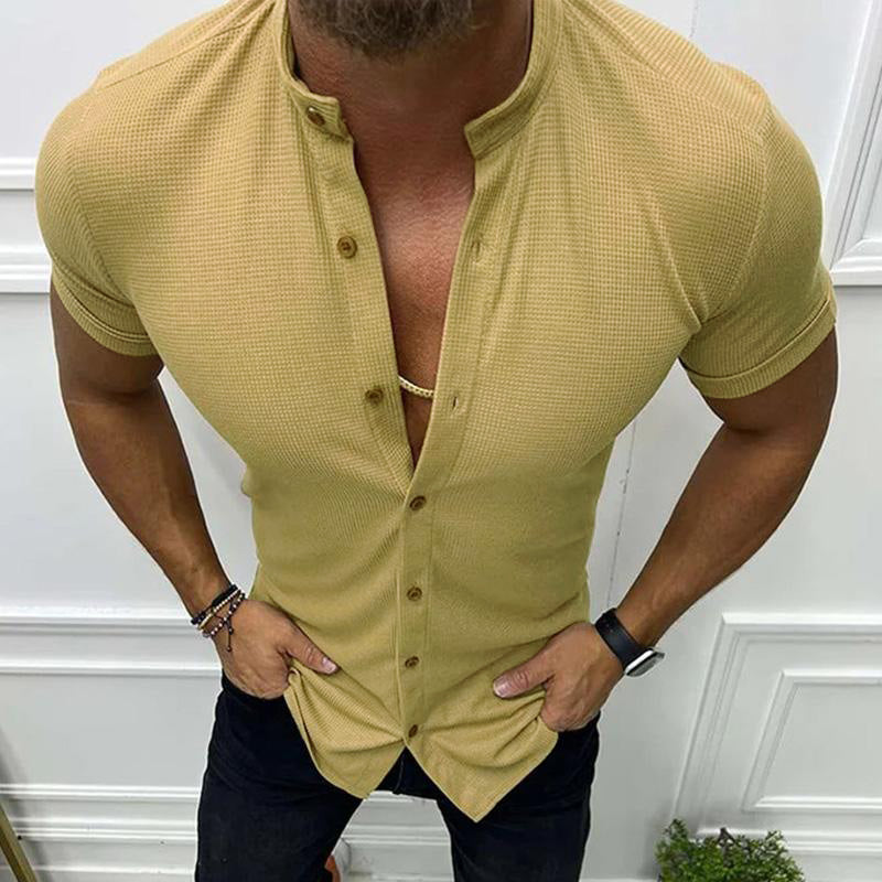 Men's Casual Solid Color Stand Collar Waffle Short Sleeve Shirt