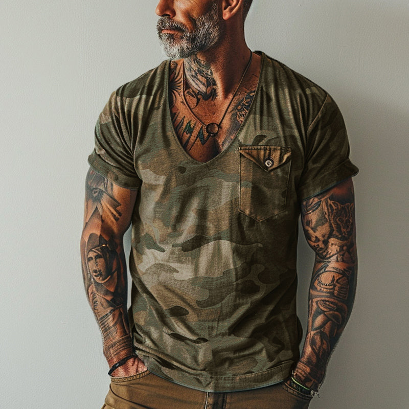 Men's Vintage Camo Print V-Neck Chest Pocket Short Sleeve T-Shirt