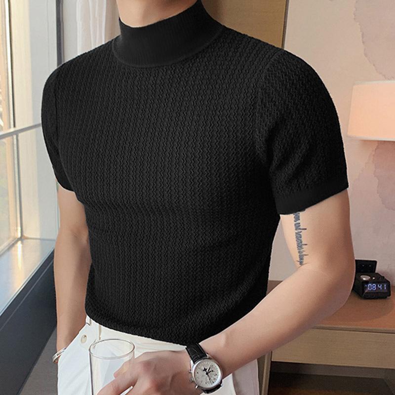 Men's Half Turtleneck Solid Color Tight Knitted Short-Sleeved T-Shirt