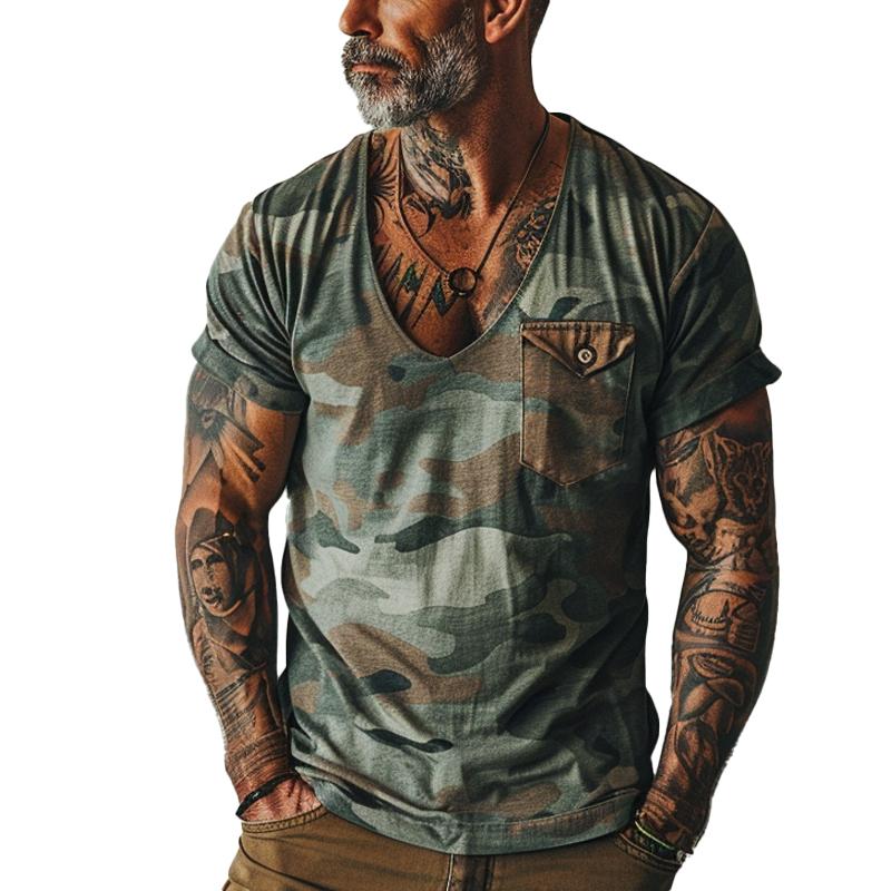 Men's Vintage Camo Print V-Neck Chest Pocket Short...