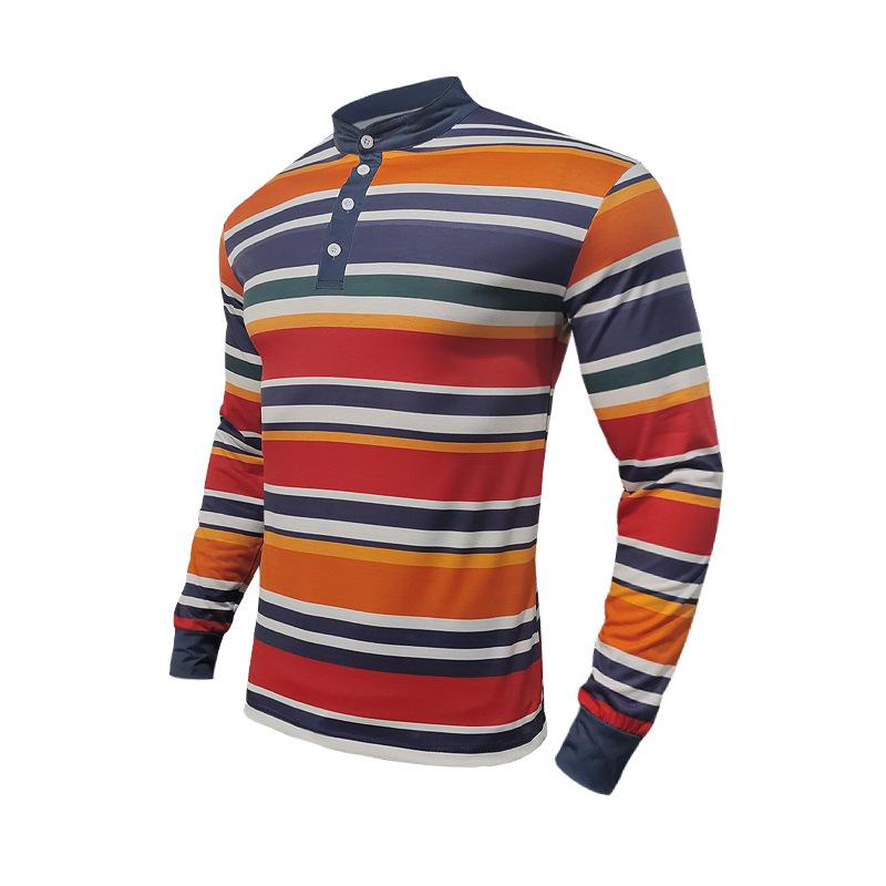 Men's Colorblock Striped Henley Collar Long Sleeve Casual T-shirt