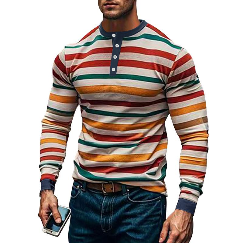 Men's Colorblock Striped Henley Collar Long Sleeve Casual T-shirt