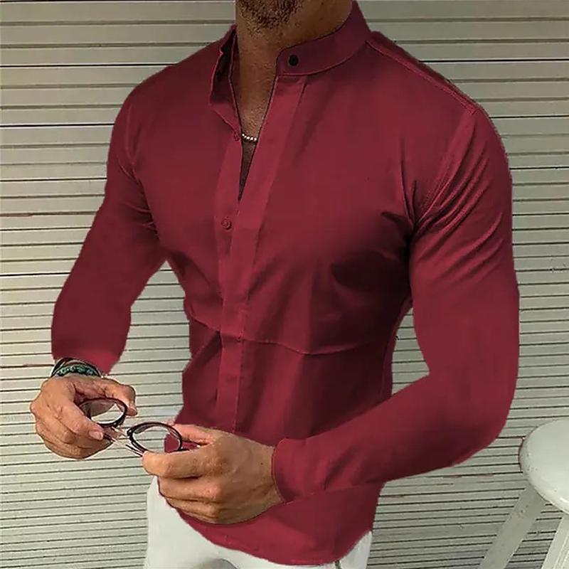 Men's Stand Collar Solid Color Long Sleeve Shirt