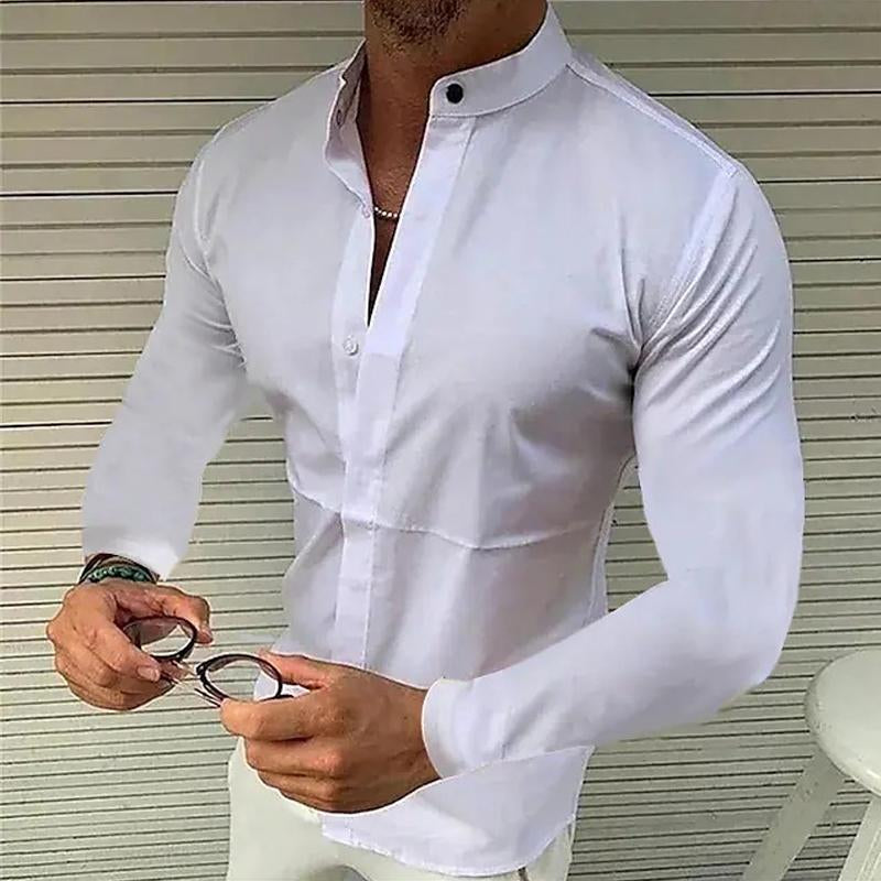 Men's Stand Collar Solid Color Long Sleeve Shirt