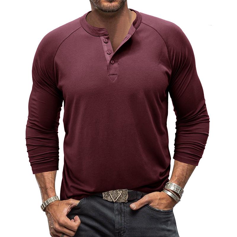 Men's Casual Solid Color Henley Collar Raglan Long Sleeve T-Shirt