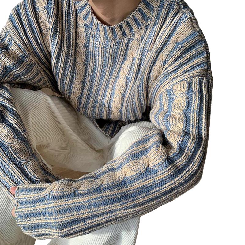 Men's Vintage Contrasting Crew Neck Knitted Pullov...