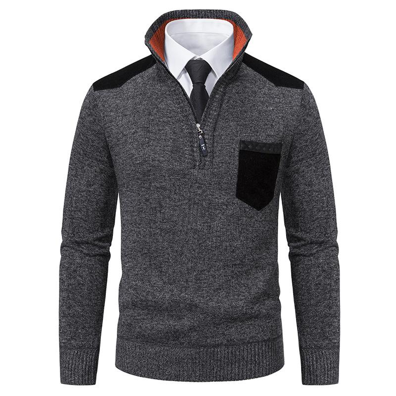 Men's Casual Retro Patchwork Pocket Stand Collar Zipper Sweater