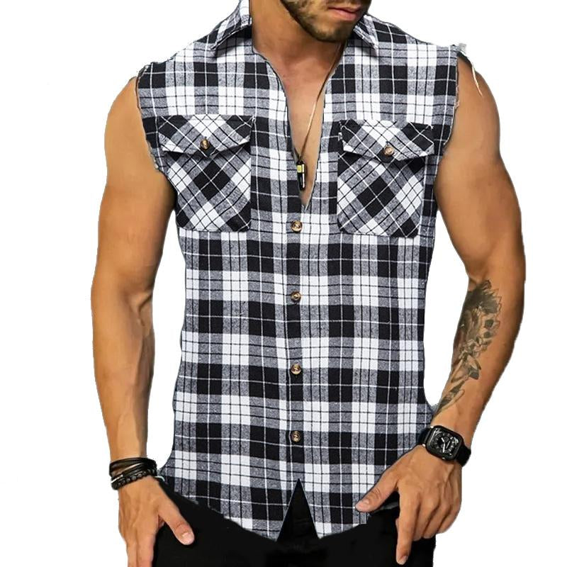 Men's Casual Flannel Plaid Sleeveless Shirt