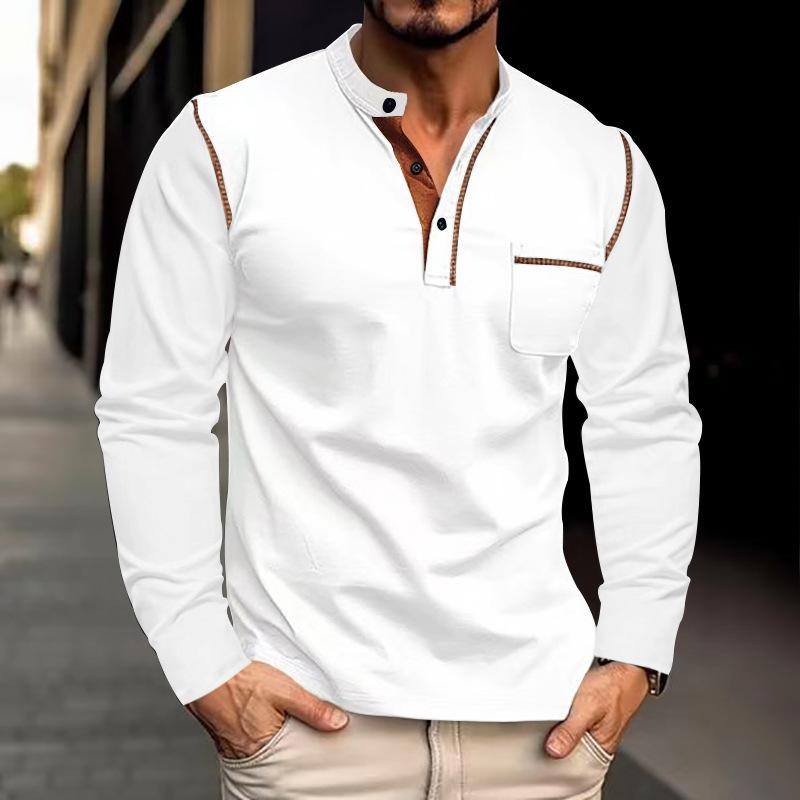 Men's Colorblock Henley Collar Breast Pocket Long Sleeve T-shirt