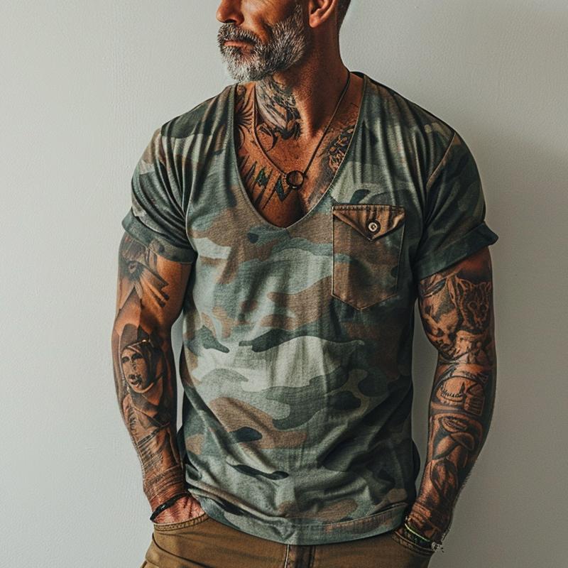 Men's Vintage Camo Print V-Neck Chest Pocket Short Sleeve T-Shirt