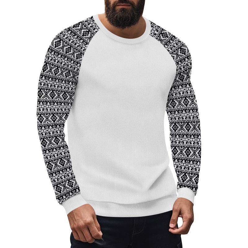 Men's Casual Waffle Print Patchwork Slim Fit Long Sleeve T-shirt