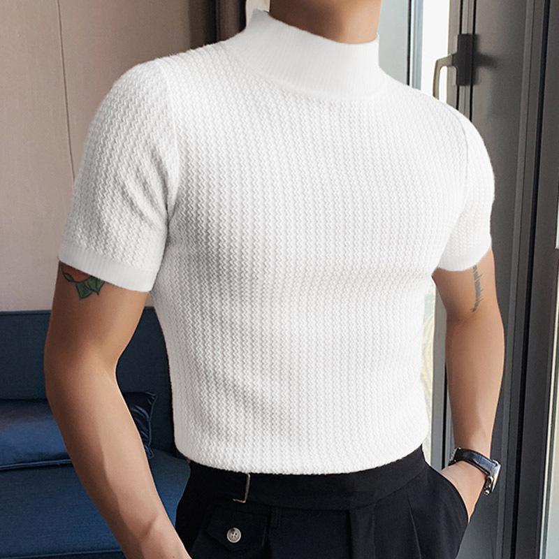 Men's Half Turtleneck Solid Color Tight Knitted Short-Sleeved T-Shirt