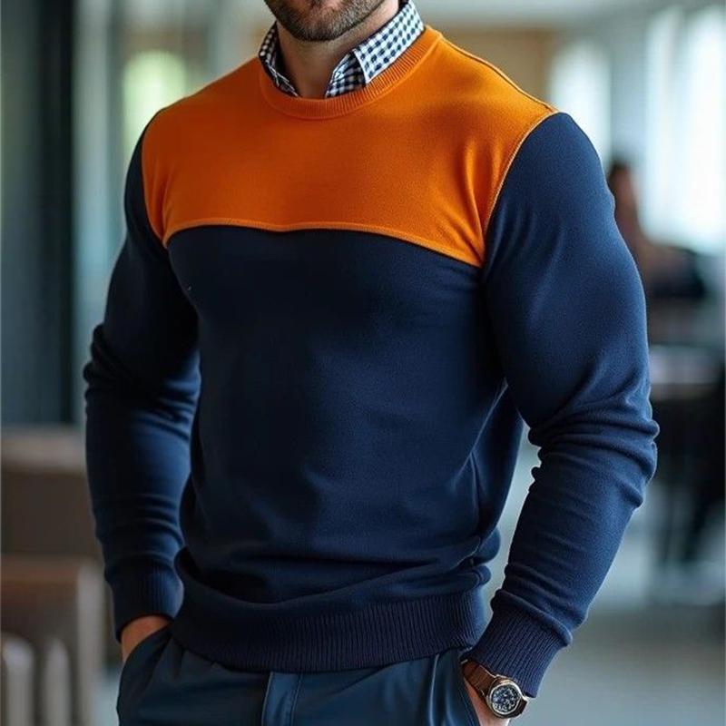 Men's Retro Casual Simple Colorblock Crew Neck Sweater