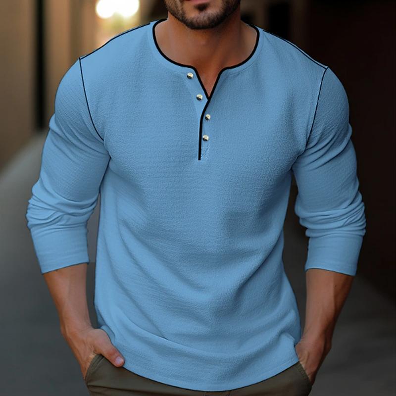 Men's Casual Solid Color Henley Collar Long Sleeve T-Shirt