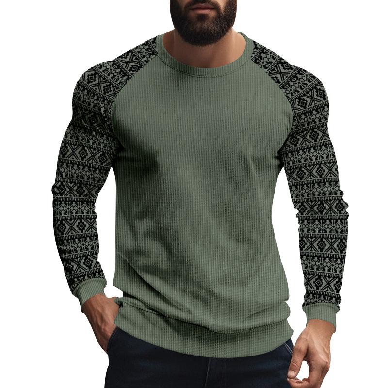 Men's Casual Waffle Print Patchwork Slim Fit Long Sleeve T-shirt