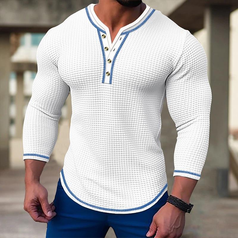 Men's Waffle Long Sleeve Casual Henley T-Shirt