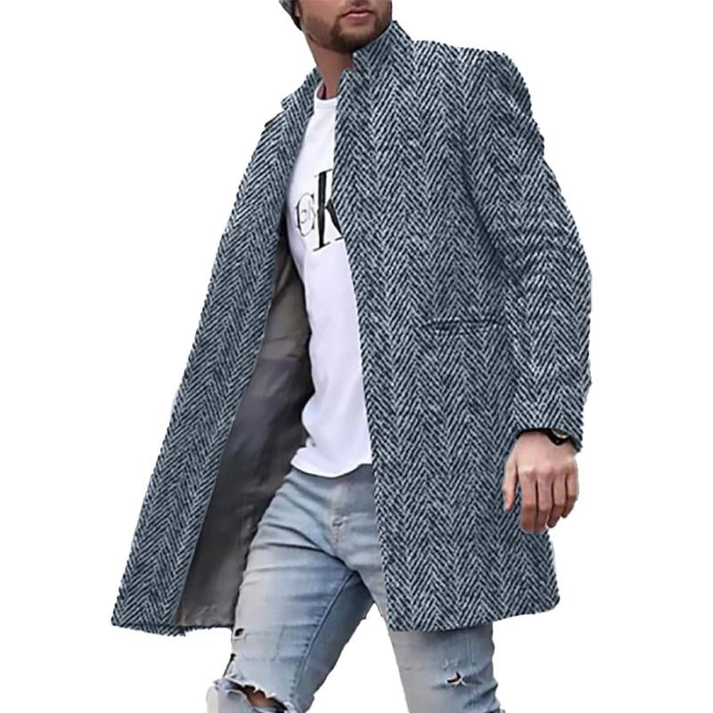 Men's Vintage Herringbone Stand Collar Mid-Length Coat