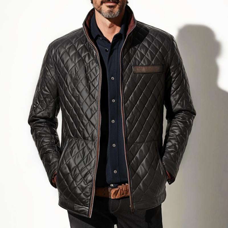 Men's Vintage Casual Quilted Patchwork Pocket Zipper Coat