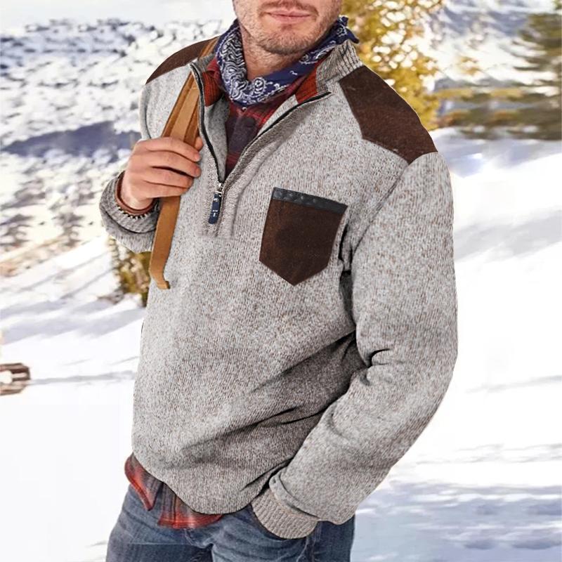 Men's Casual Retro Patchwork Pocket Stand Collar Zipper Sweater