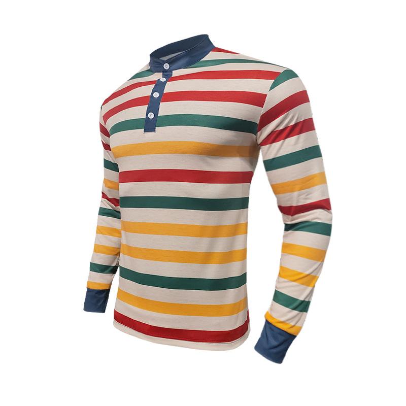 Men's Colorblock Striped Henley Collar Long Sleeve Casual T-shirt