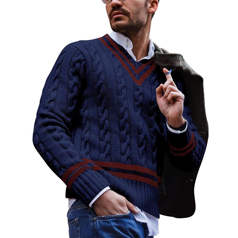 Men's V-Neck Striped Colorblock Knit Sweater