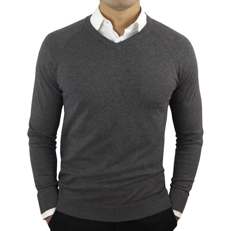 Men's V-neck Solid Color Long-sleeved Bottoming Sw...