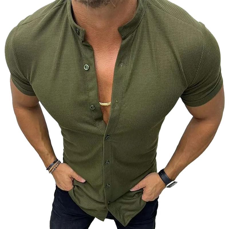 Men's Casual Solid Color Stand Collar Waffle Short...