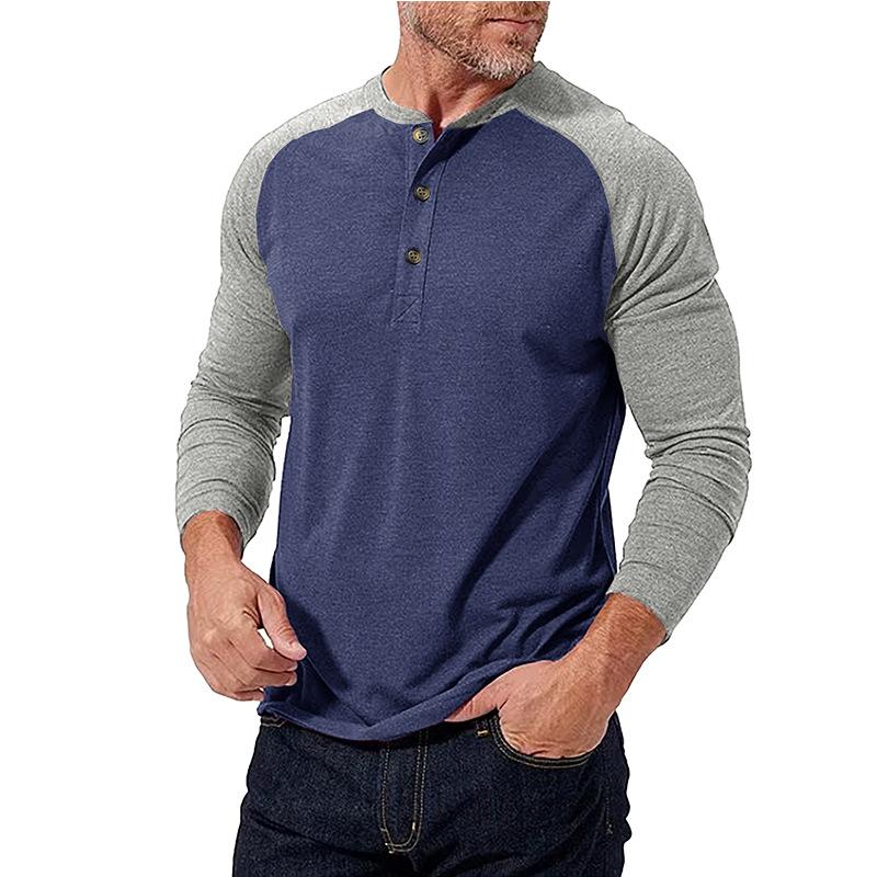 Men's Casual Colorblock Henley Collar Slim Fit Long Sleeve T-Shirt