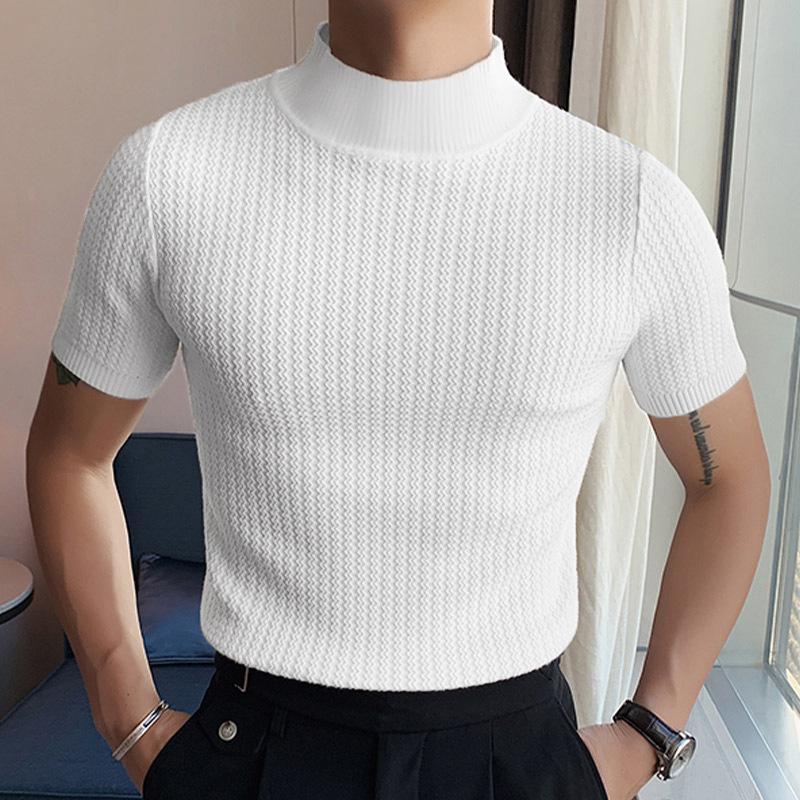 Men's Half Turtleneck Solid Color Tight Knitted Short-Sleeved T-Shirt