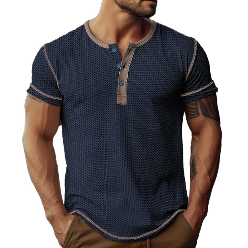 Men's Waffle Henley Collar Color Block Short Sleev...