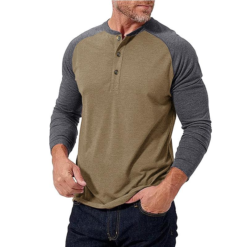 Men's Casual Colorblock Henley Collar Slim Fit Long Sleeve T-Shirt