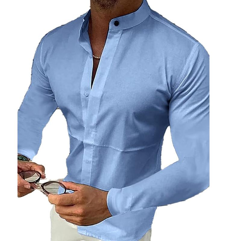 Men's Stand Collar Solid Color Long Sleeve Shirt