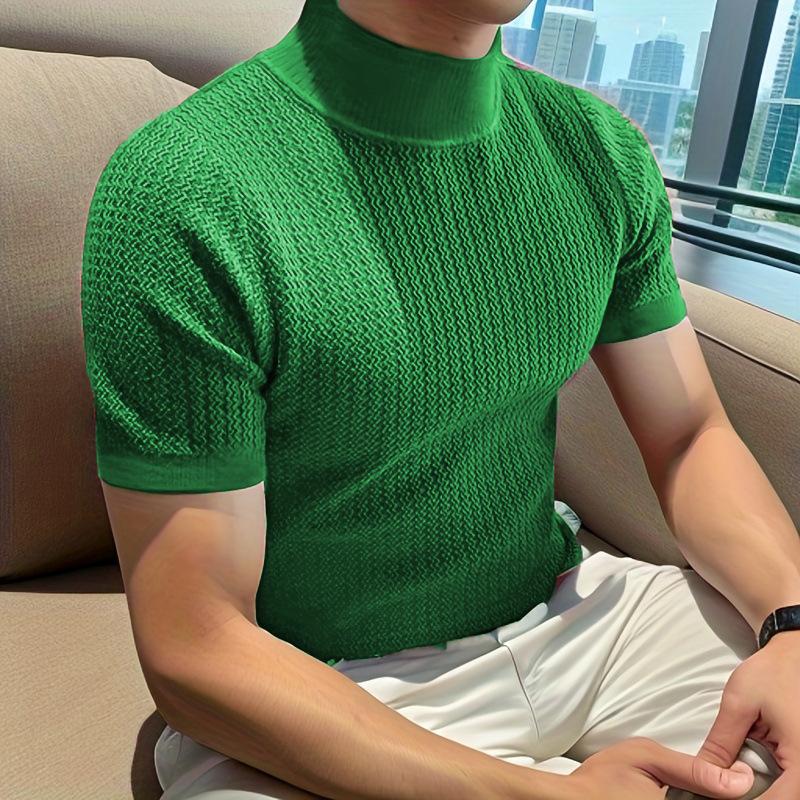 Men's Half Turtleneck Solid Color Tight Knitted Short-Sleeved T-Shirt