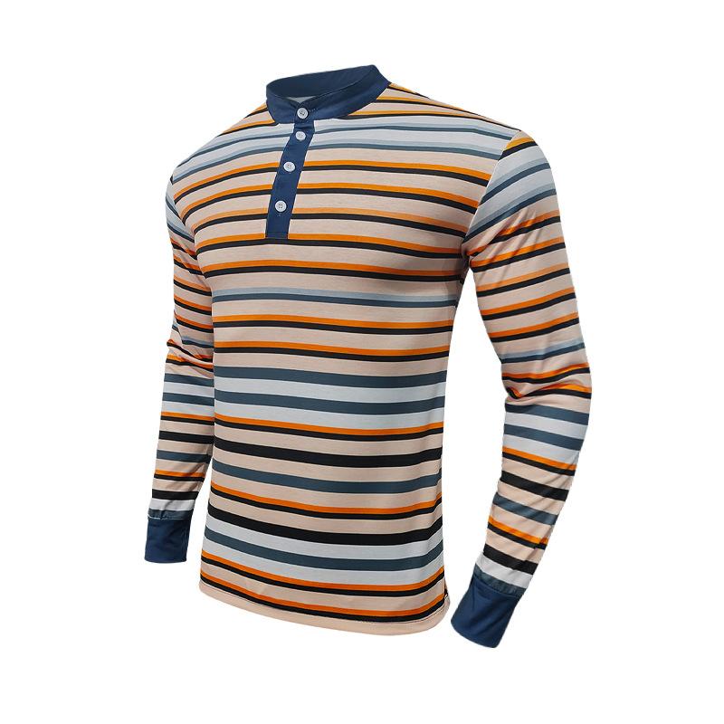 Men's Colorblock Striped Henley Collar Long Sleeve Casual T-shirt