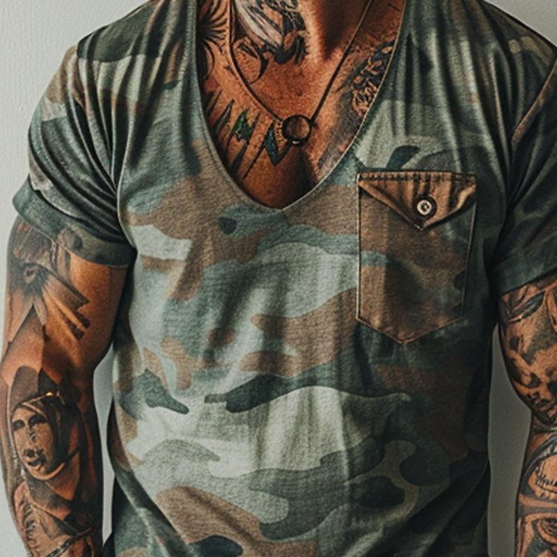 Men's Vintage Camo Print V-Neck Chest Pocket Short Sleeve T-Shirt