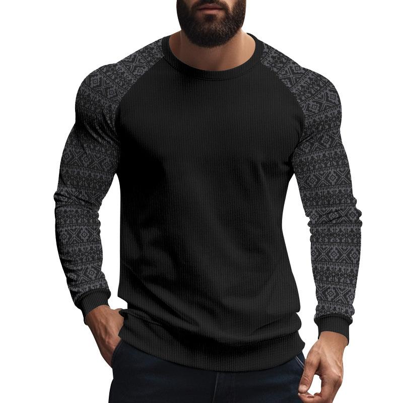 Men's Casual Waffle Print Patchwork Slim Fit Long Sleeve T-shirt