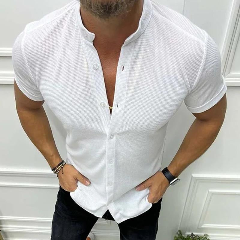 Men's Casual Solid Color Stand Collar Waffle Short Sleeve Shirt