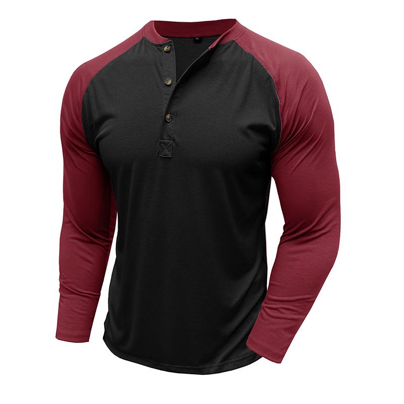 Men's Casual Colorblock Henley Collar Slim Fit Long Sleeve T-Shirt