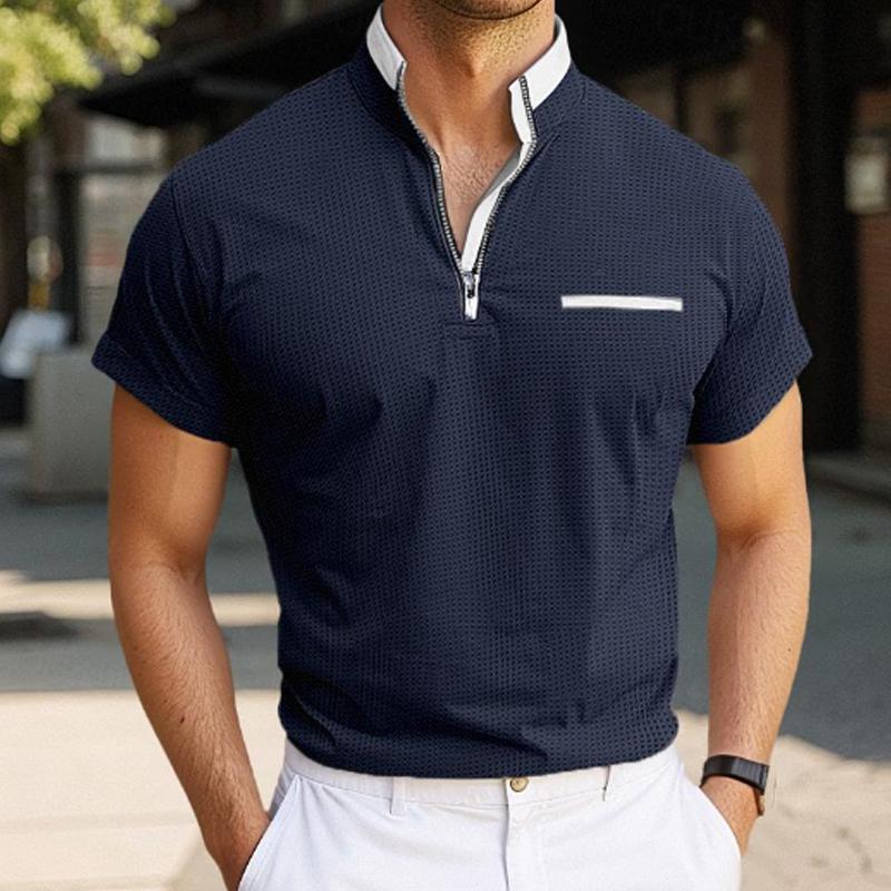 Men's Solid Color Waffle Zip Stand Collar Pocket Short Sleeve T-shirt