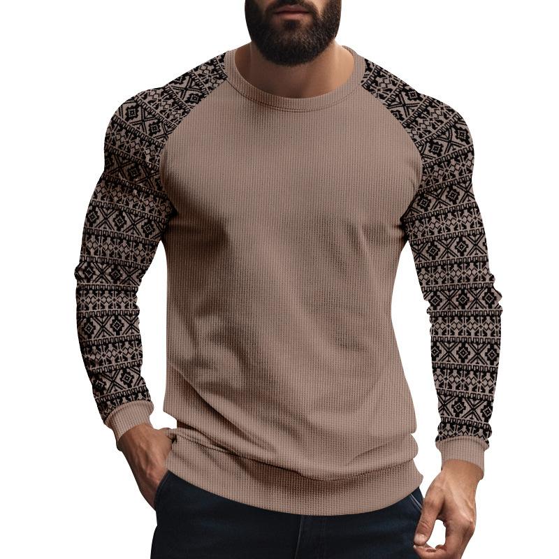 Men's Casual Waffle Print Patchwork Slim Fit Long Sleeve T-shirt