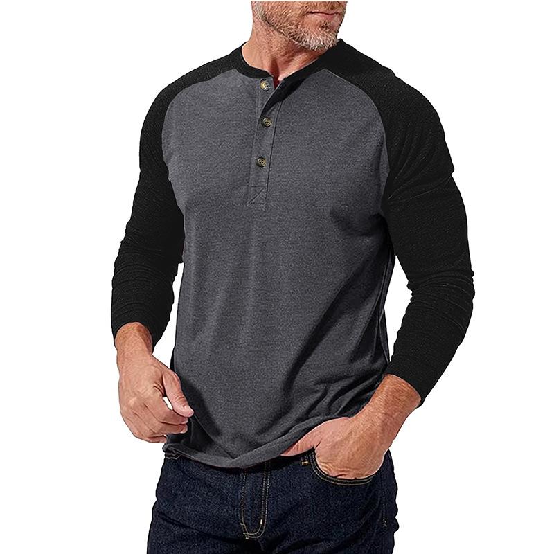 Men's Casual Colorblock Henley Collar Slim Fit Long Sleeve T-Shirt