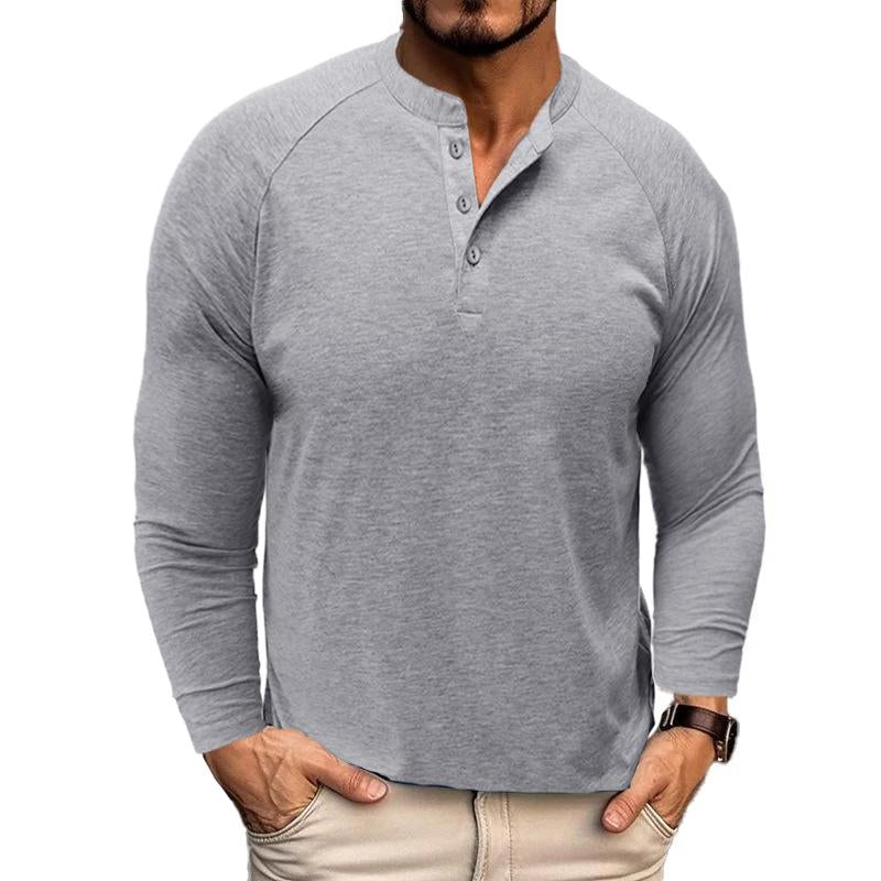 Men's Casual Solid Color Henley Collar Raglan Long...