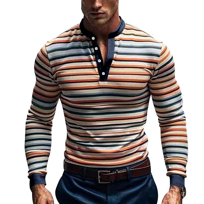 Men's Colorblock Striped Henley Collar Long Sleeve Casual T-shirt