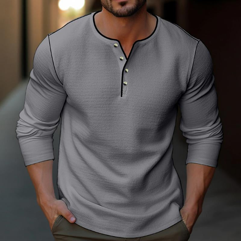 Men's Casual Solid Color Henley Collar Long Sleeve T-Shirt