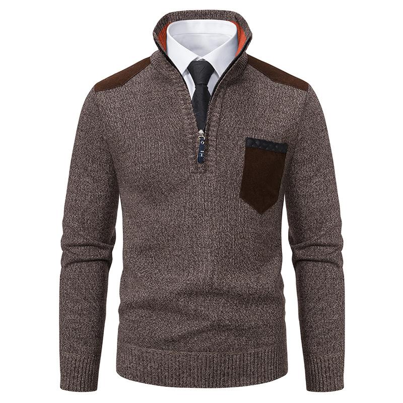 Men's Casual Retro Patchwork Pocket Stand Collar Zipper Sweater