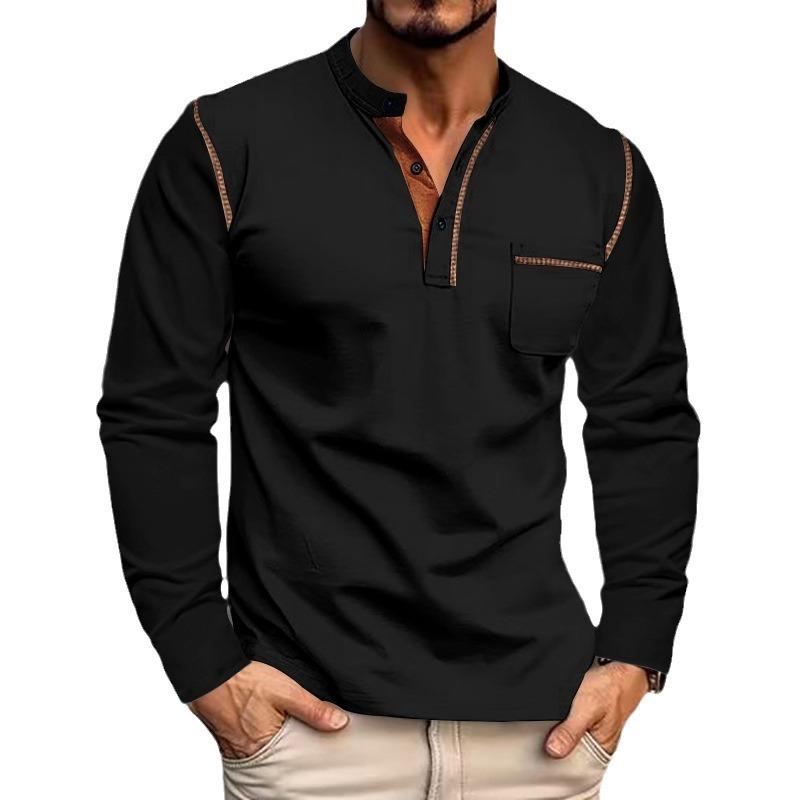 Men's Colorblock Henley Collar Breast Pocket Long ...