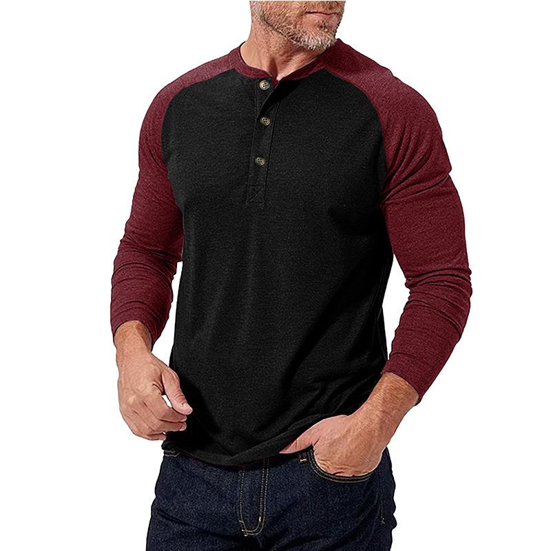 Men's Casual Colorblock Henley Collar Slim Fit Long Sleeve T-Shirt