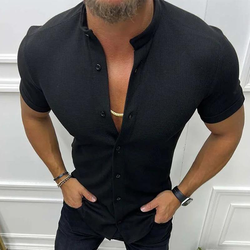 Men's Casual Solid Color Stand Collar Waffle Short Sleeve Shirt