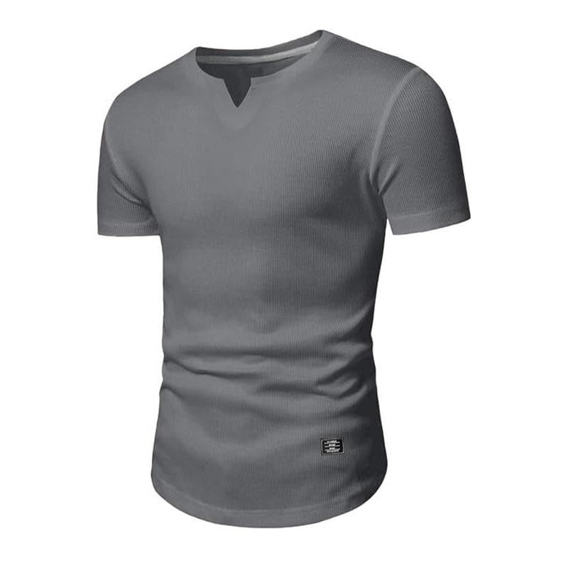 Men's Solid Color Knitted V-neck Short-sleeved T-shirt